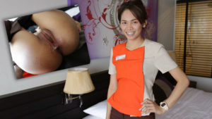 Horny Hotel Maid Mutmee in uniform and with pants down showing pussy full of sperm