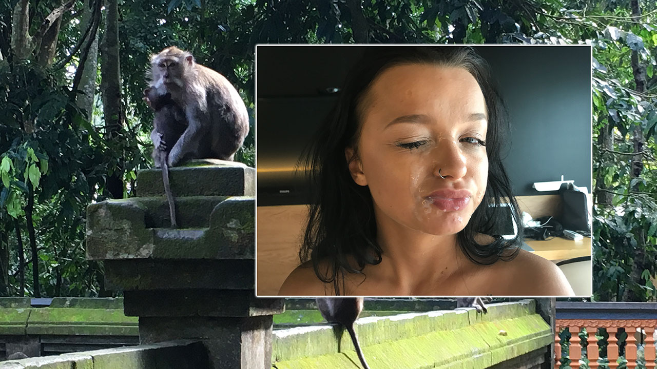 Monkey sanctuary visit and hardcore cum facial video from Daphne