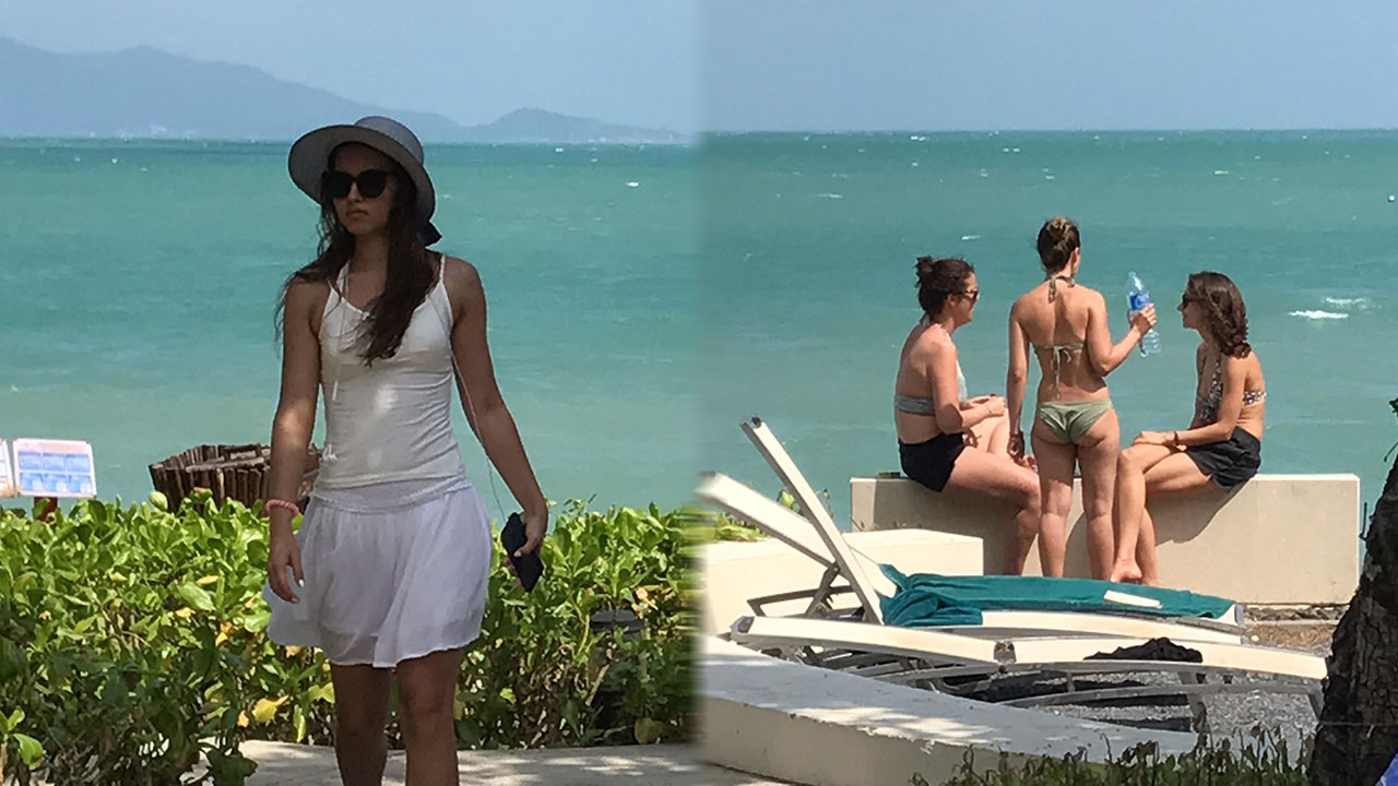 Bikini Ass girls at beach and pool with girls to watch walking around
