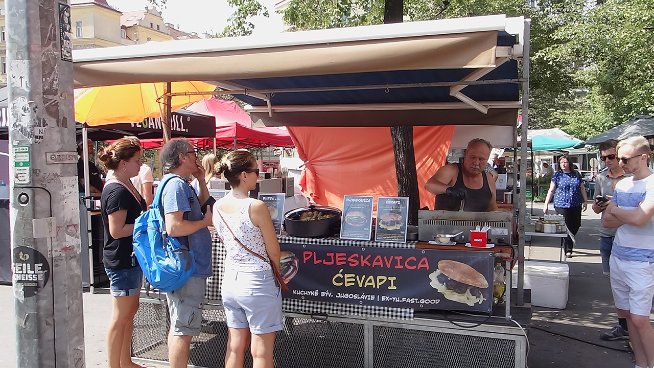 View of vendor cart during Prague bio market exploration