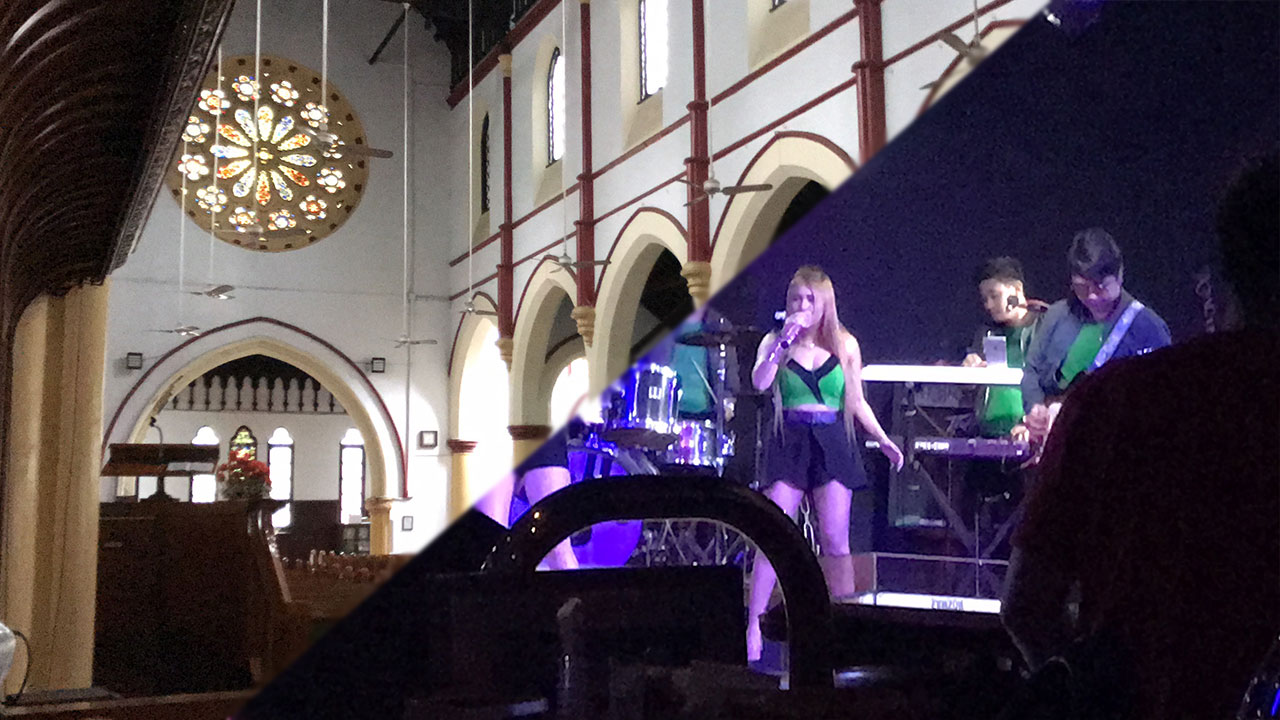 Split image of Myanmar Church interior and singers on stage at Park Royal Hotel Club5
