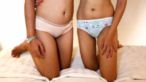 Almost Naked Asian Teens show off small waists in panties