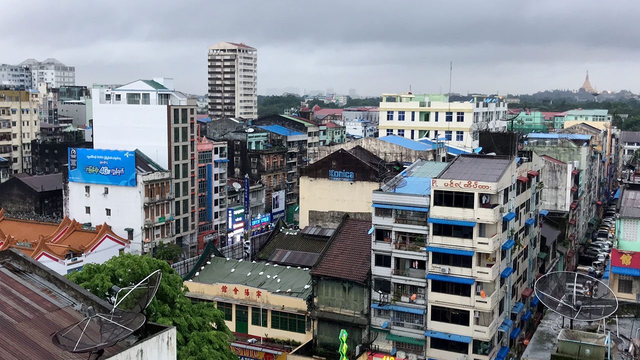 View of buildings bellow atop a Yangon Rooftop Bar and Restaurant