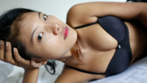 Shy Girls round firm cleavage in black bra