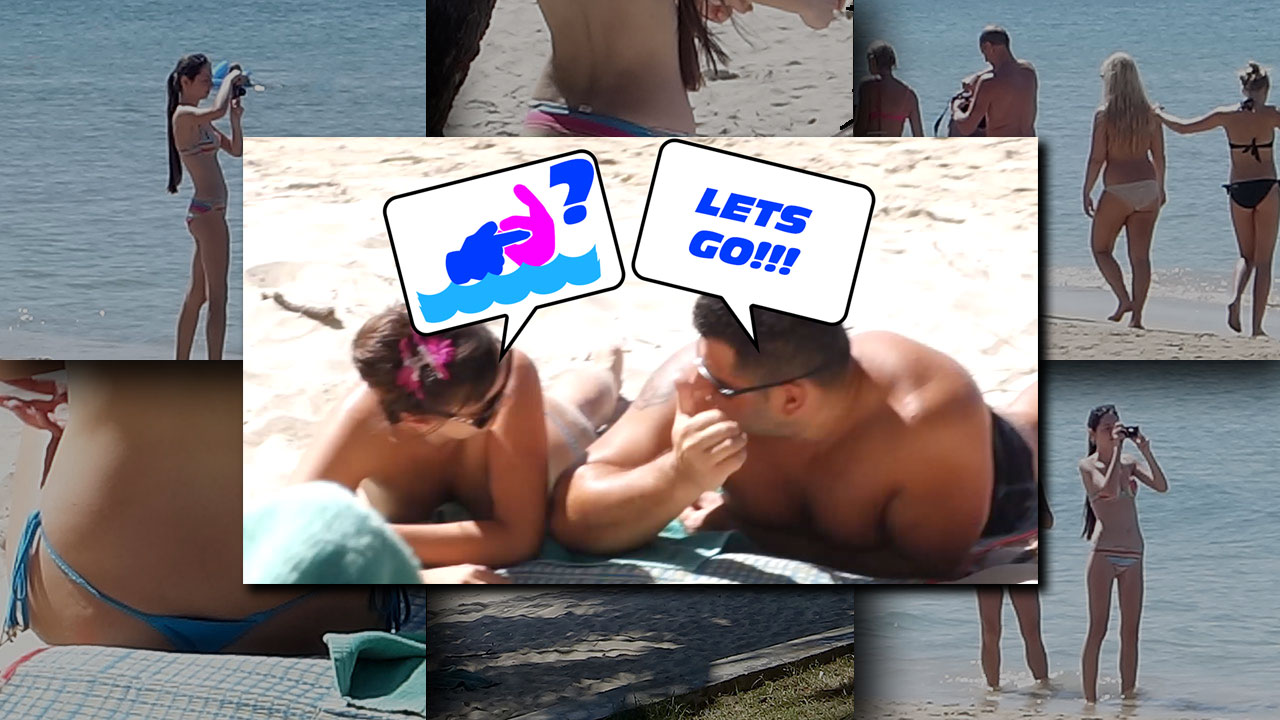 Hot girls in bikinis and people having sex on the beach