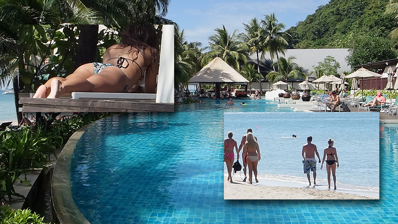 Collage of pool at beach and sexy Beach Bikini Butt pictures