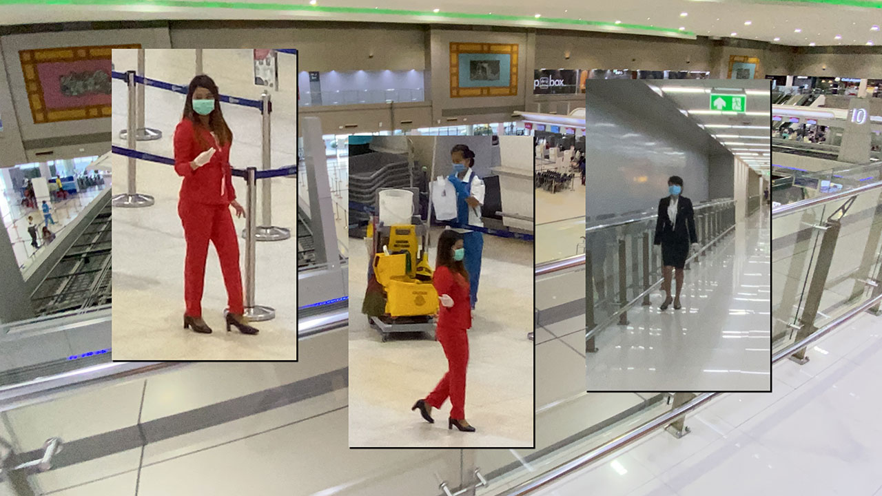 Collage featuring a the very few Asian girls working at Bangkok Airport during Covid lockdown