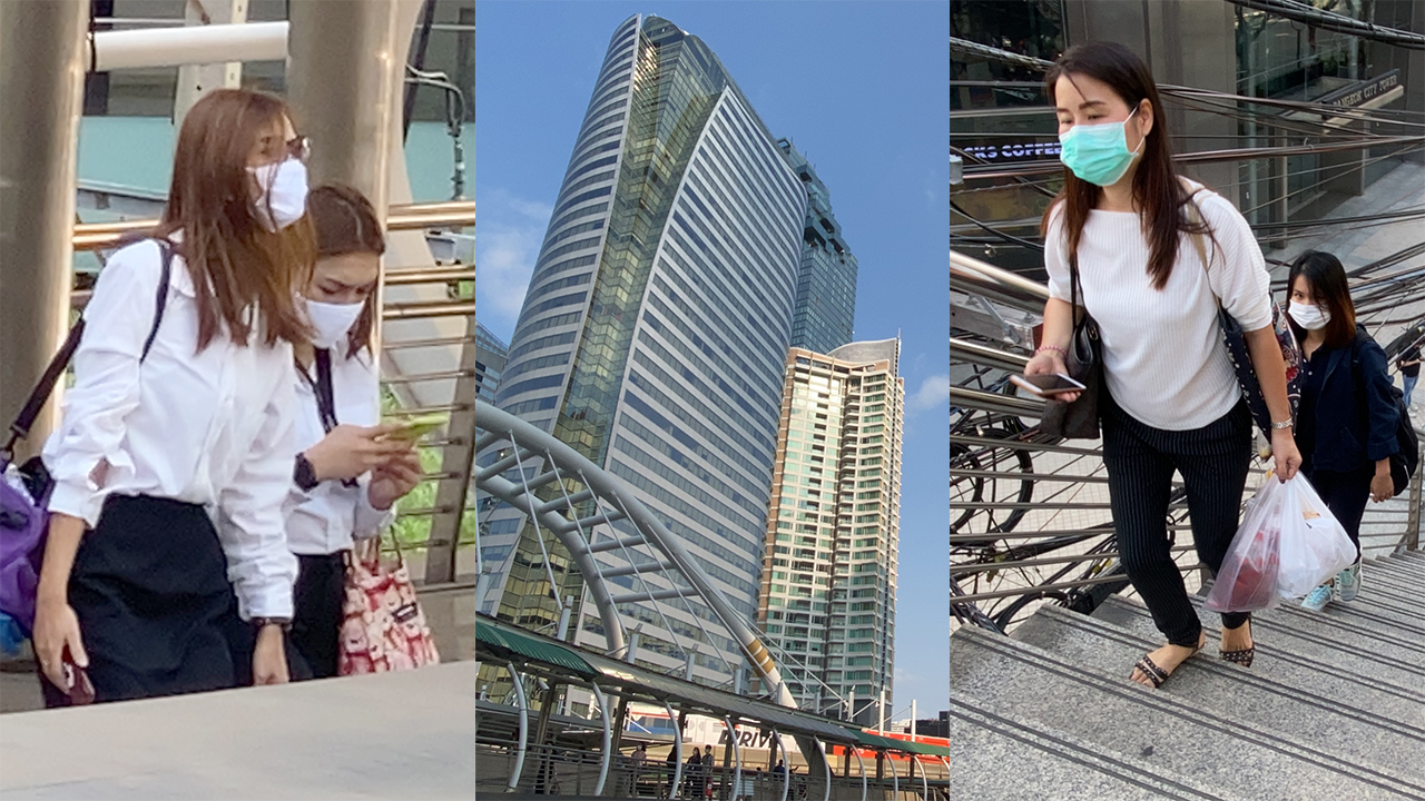 Collage of very few Thai girls walking around during Bangkok Pandemic