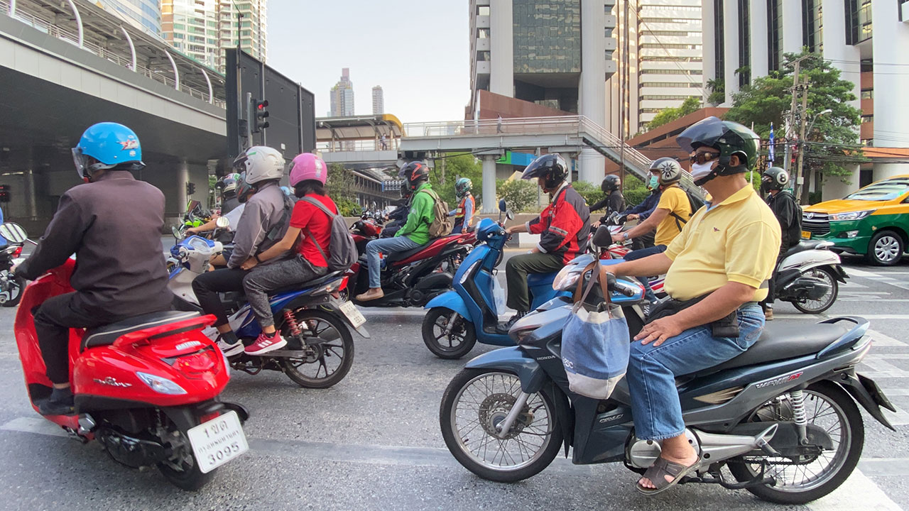 Motorcycles 6 feet apart during Thailand Quarantine regime in Bangkok