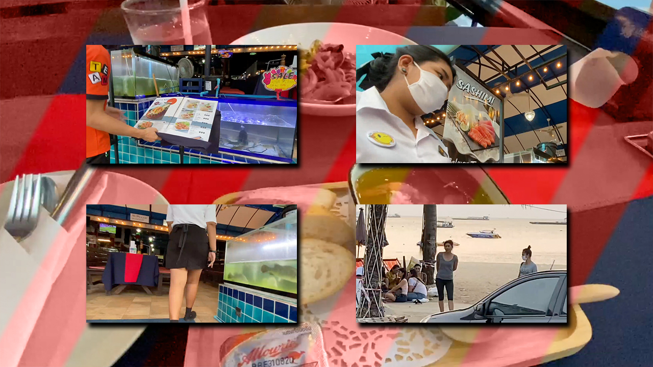 Views of girls and food while diding at Pattaya Fish Restaurant during Covid 19