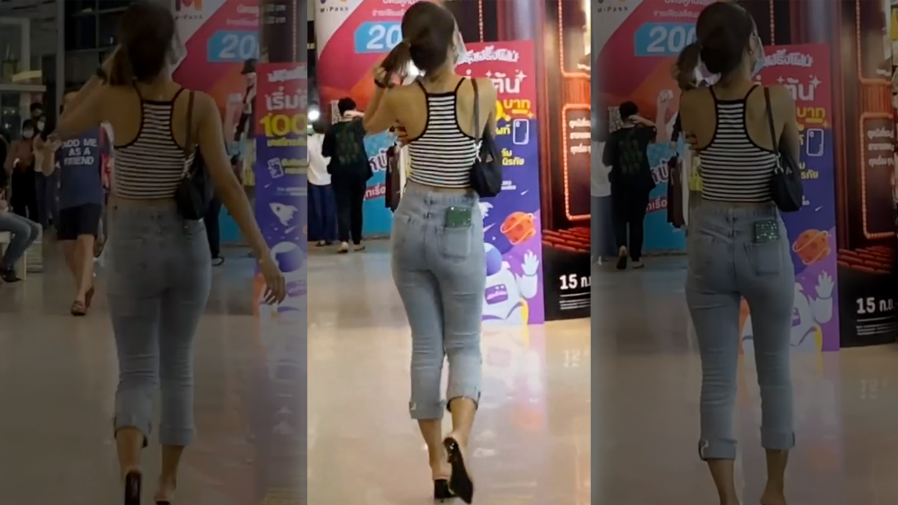 Collage featuring posh looking Sexy Girl At The Mall in tight jeans and heels