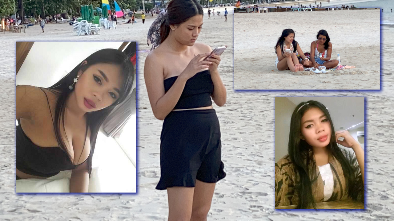 Sexy Beach MILF in black and collage of Thai girls