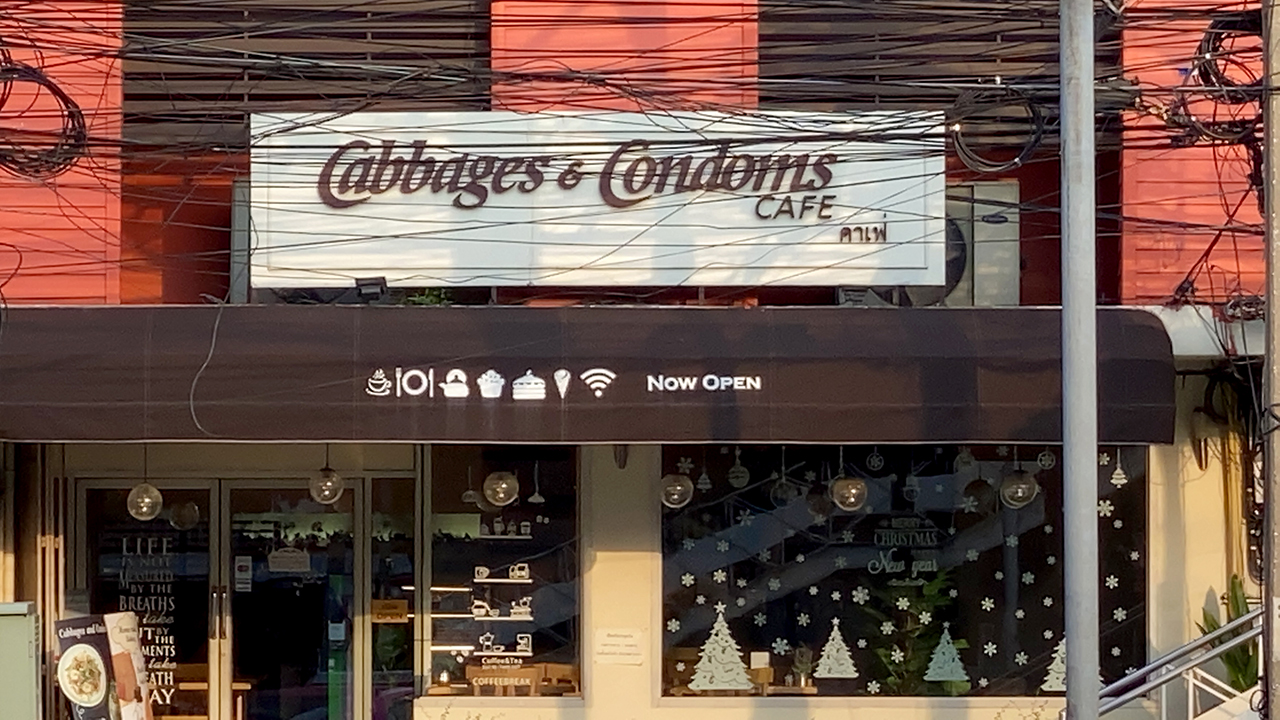 Street view of Cabbages and Condoms Cafe in Bangkok on my Bangkok Free Walking Tour