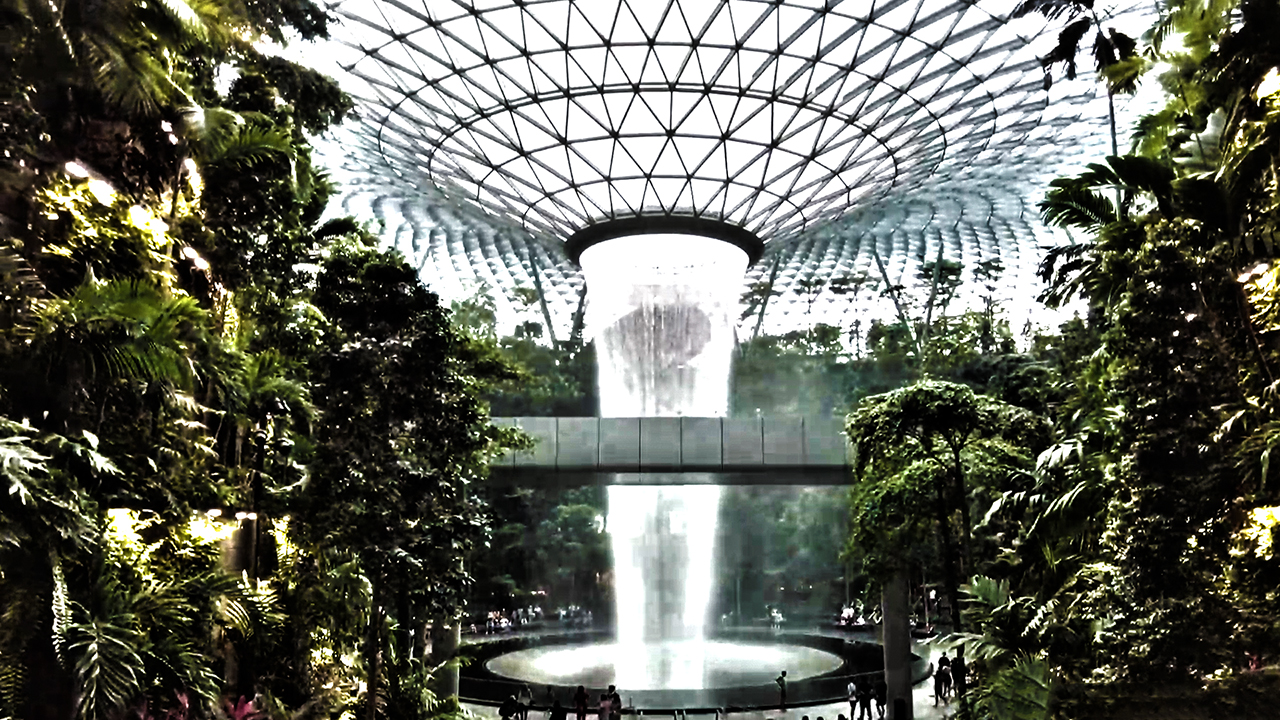 Surrealistic HDR toned picture of Singapore Airport Waterfall stream