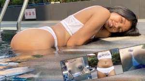 Sexy Asian girl Fon B in naughty bilkini teases ass in pool and flashes before Surprise Fuck In Pool caught