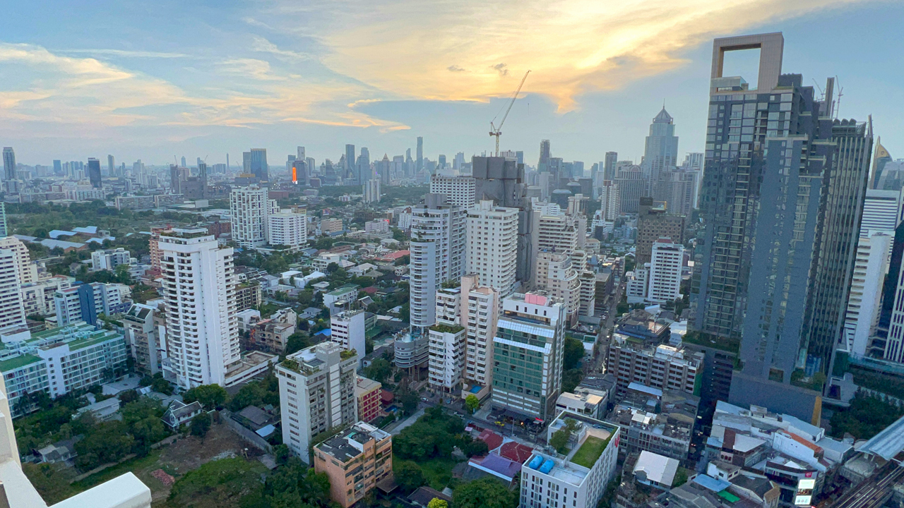View of city skyline from atop one of many Bangkok Sky Restaurant locations