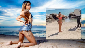 Asian Beach Babe Pookie poses in butt cheek shorts