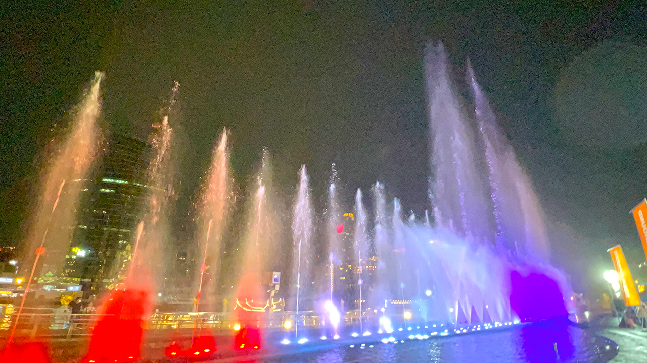 View of night time Iconsian Thailand Bangkok lightshow tonight