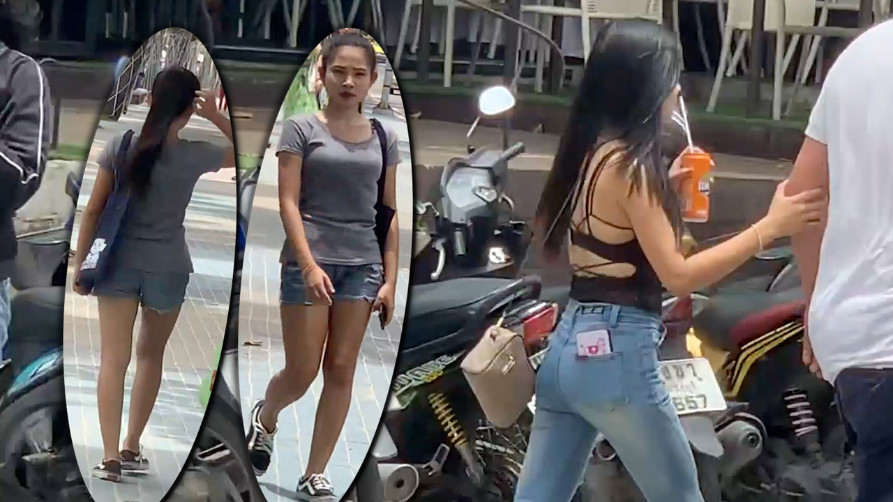 Collage of two Hot Asians Walking on road by the beach