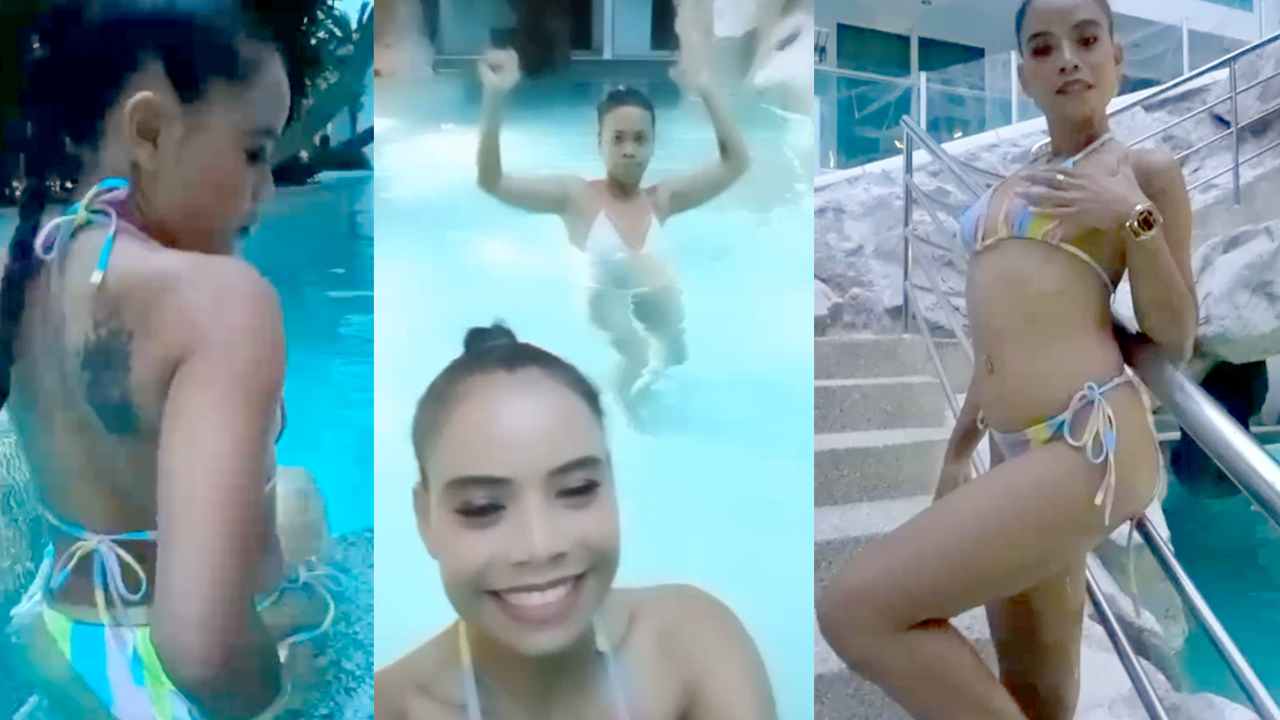 Collage of 2 Asian Girls Swimming in pool