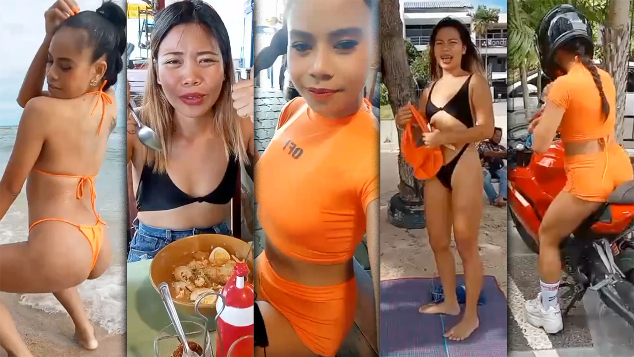 Collage of Asian Bikini Sluts eating at restaurant and at the beach