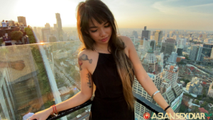Nice view of cute girl posing by skyline view