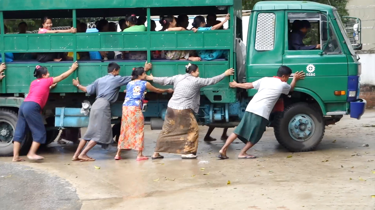 Asians Push Bus to start it in Myanmar