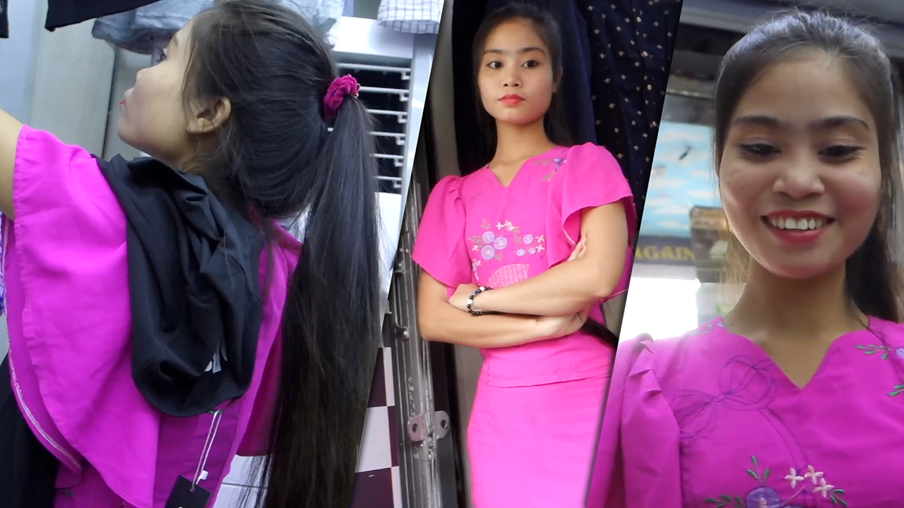Collage of views featuring Flirty Asian Girl in pink outfit at shirt shop