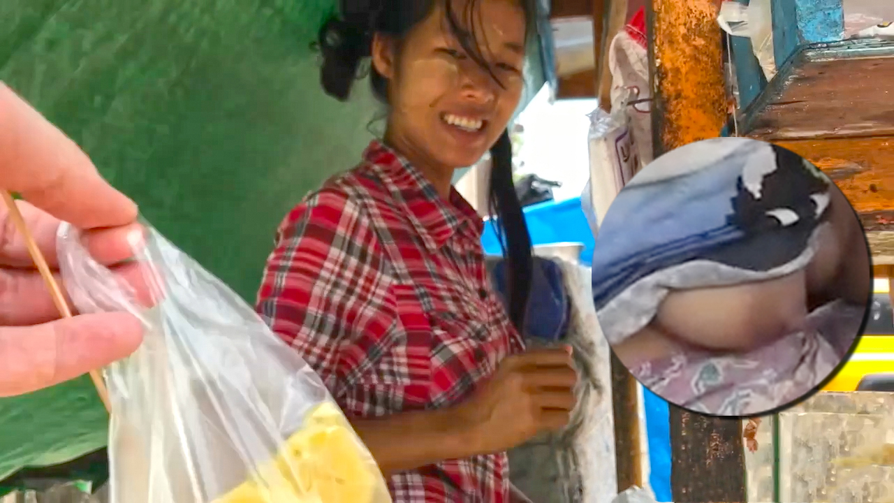 Tits Out Asian collage with cute plaid shirt girl at Pineapple stand