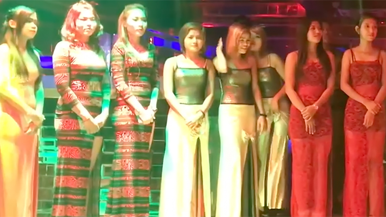 View of girls on stage inside of a KTV In Yangon