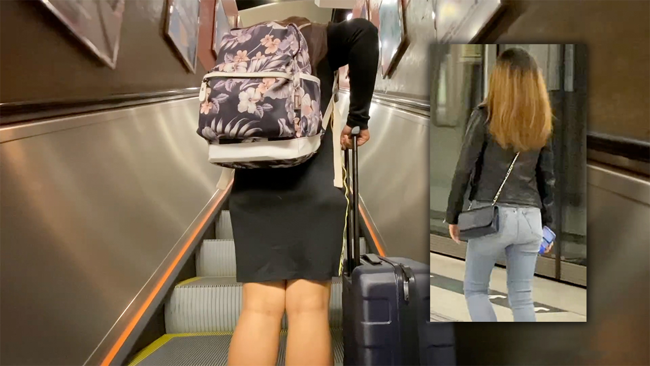 Hot Escalator Ass from below and image of cute jeans butt