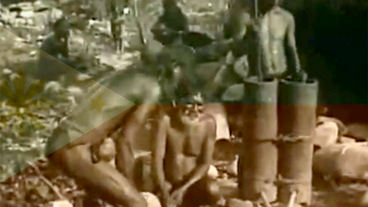Filipino Tribal members prepare food in old vintage movie still