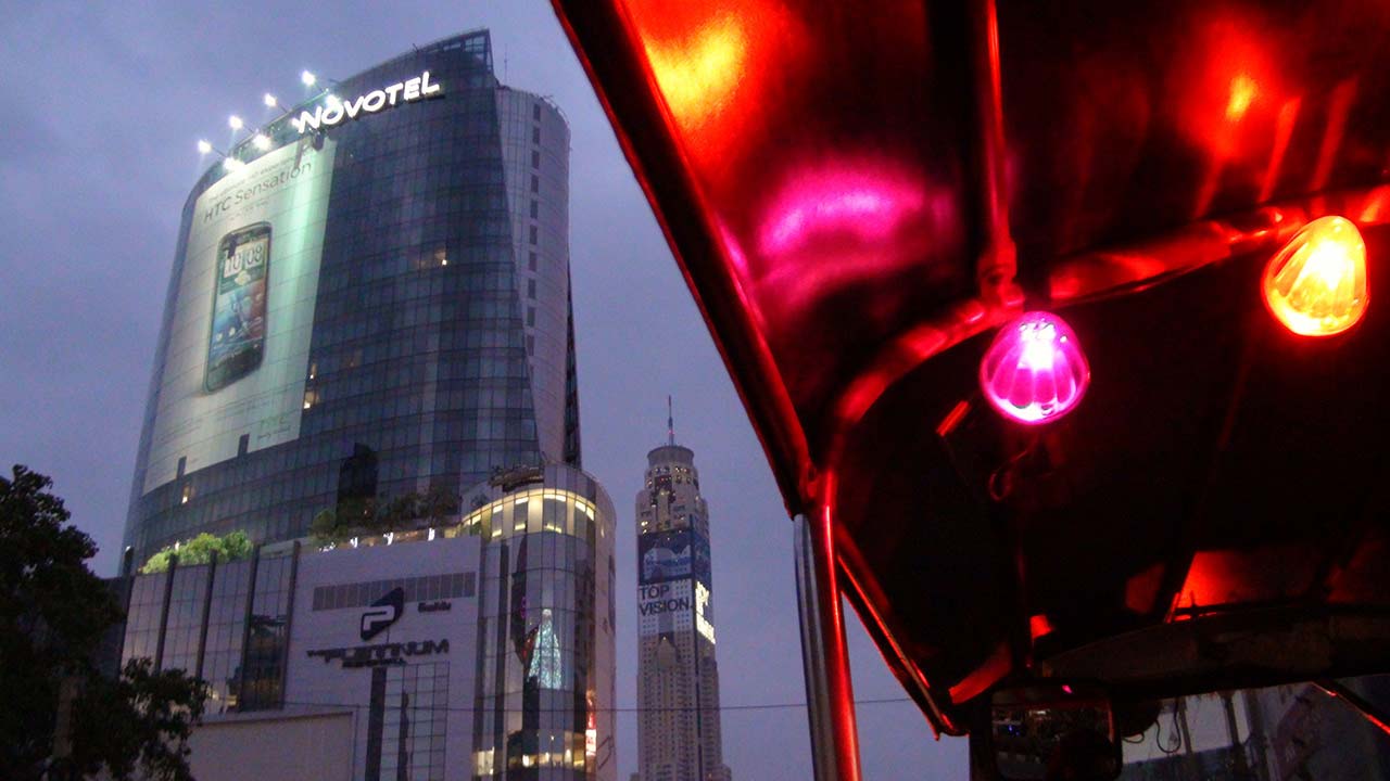 Novotel Bangkok building viewed from inside a tuktuk