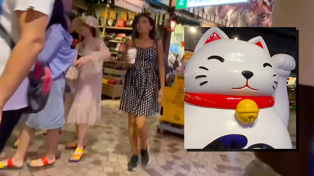 Cat Statue and Thai girls at the mall