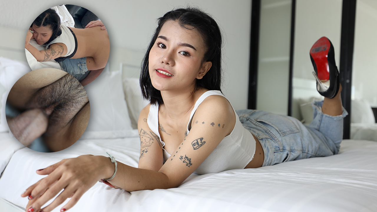 Horny Thai lays on bed and enjoys FAST FUCK with white guy