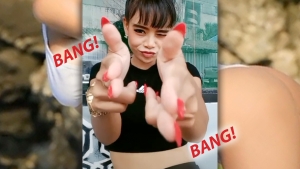 Crazy Sex adoring Thai babe Barbie C makes bang bang signs for camera