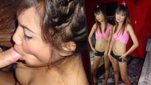 Asian Girl Gives Head and another poses in tiny shorts