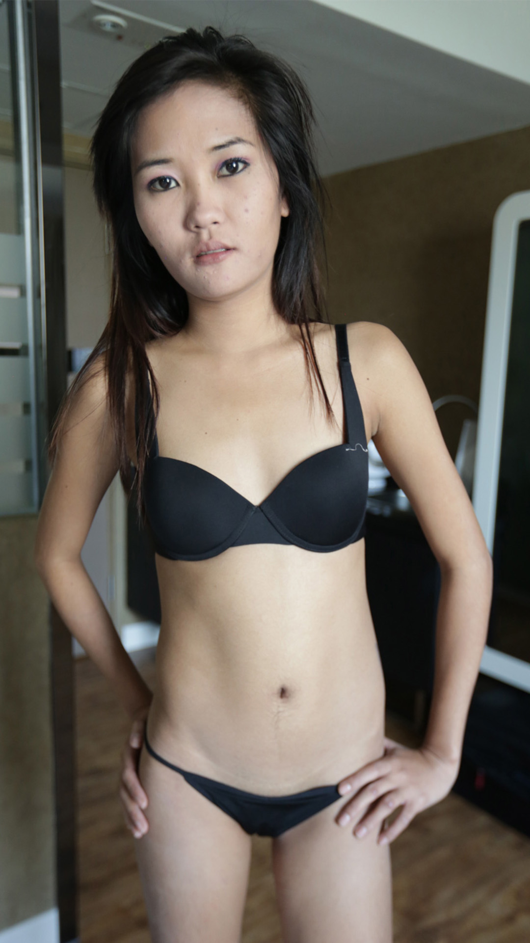Asian Sex Diary Jennifer stand in room with only black bra and panty on