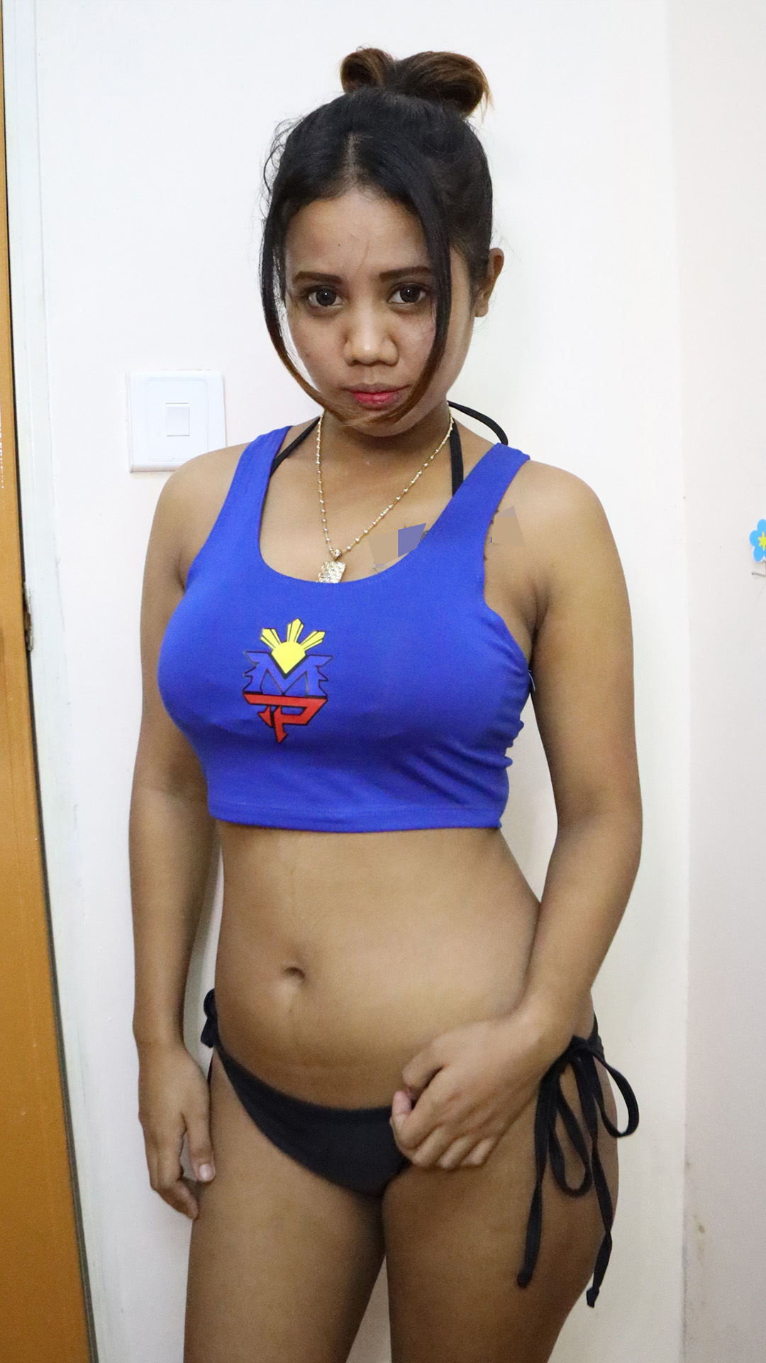Asian Sex Diary Jessy C poses in blue tank top and black panty