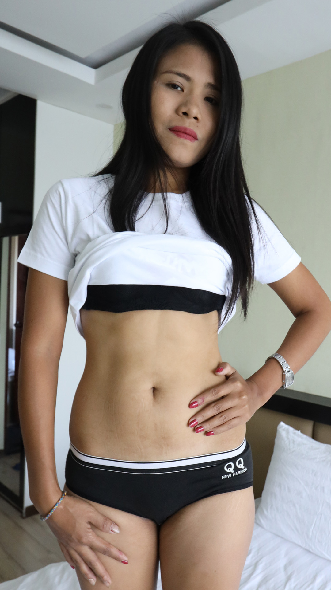 Asian Sex Diary Long poses in black bra and panty