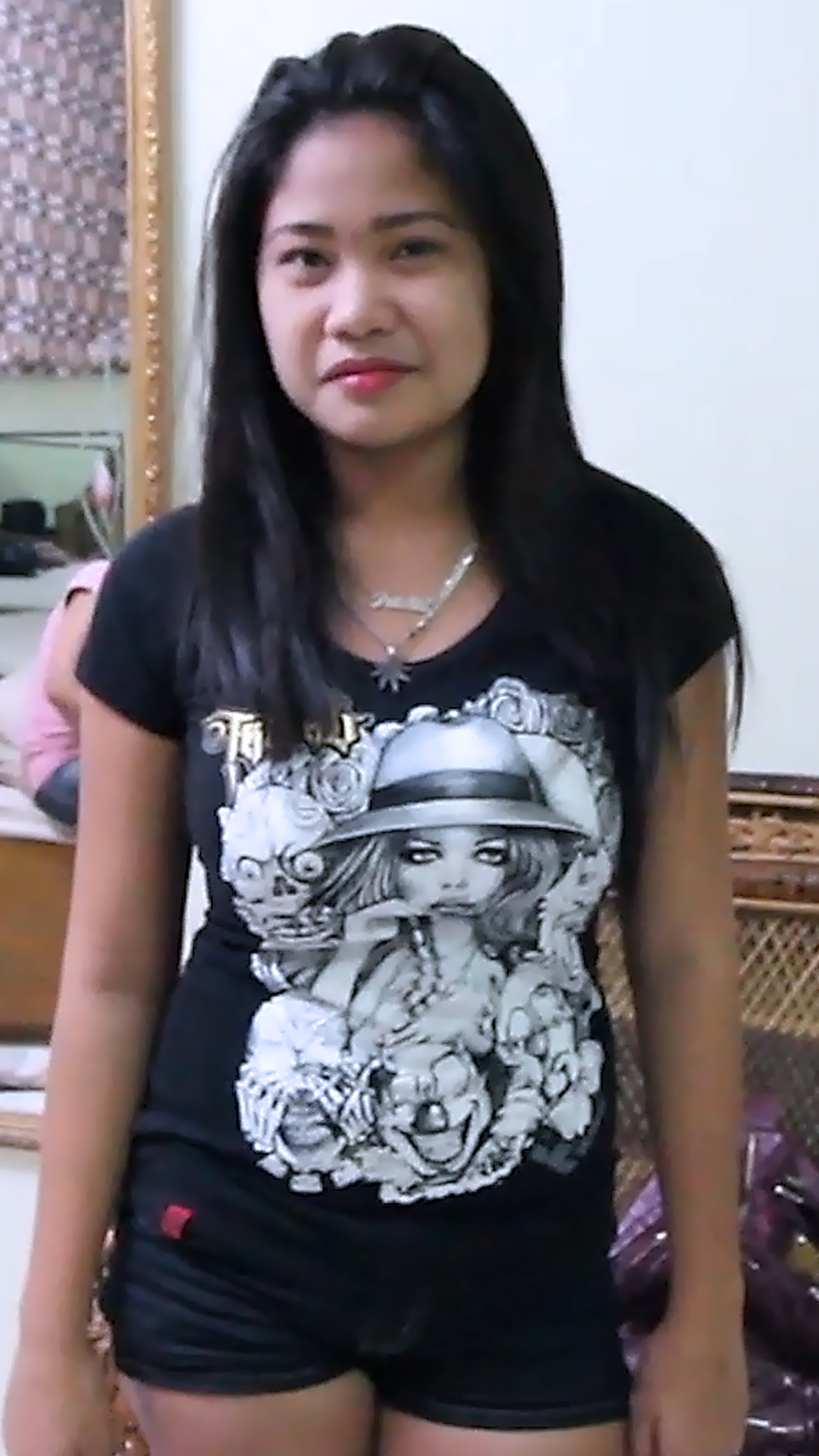 Thick body Asian Sex Diary Potchie poses in tshirt and shorts