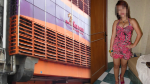 View of building in Pen J and a sexy Indonesian girl with nice cleavage