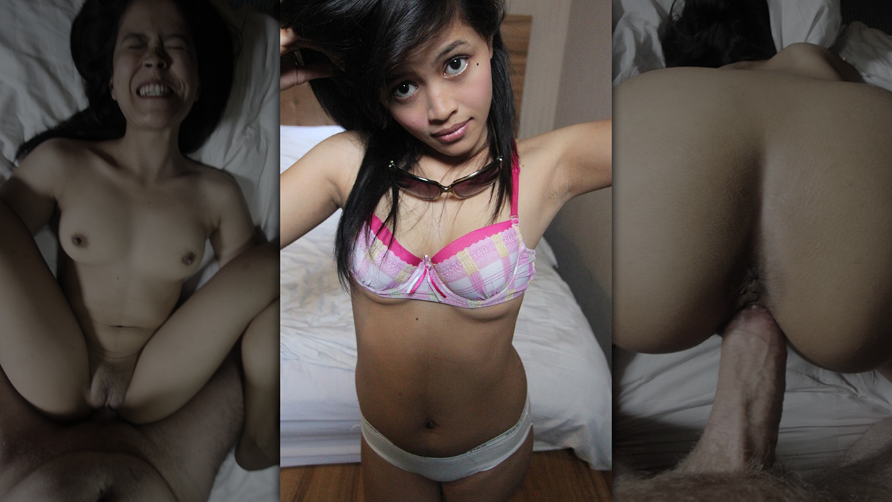 Collage images of Asian Sex Diary Indo amateur Jita getting fucked and posing in bra