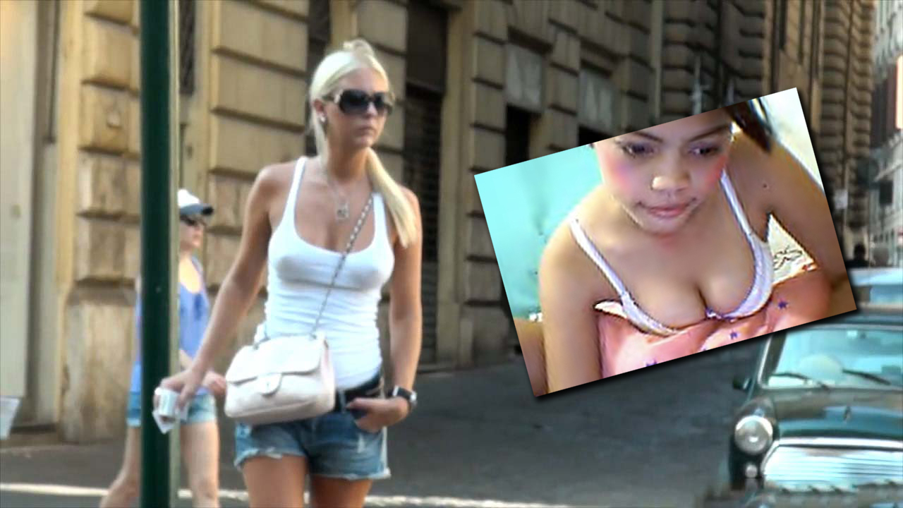 Hot Italian Babe walking in street with no bra on